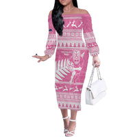 New Zealand Christmas Rugby Personalised Off The Shoulder Long Sleeve Dress Meri Kirihimete All Black Maori Pink Version - Polynesian Pride