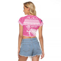 New Zealand Christmas Rugby Personalised Raglan Cropped T Shirt Meri Kirihimete All Black Maori Pink Version - Polynesian Pride