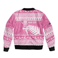 New Zealand Christmas Rugby Personalised Sleeve Zip Bomber Jacket Meri Kirihimete All Black Maori Pink Version - Polynesian Pride