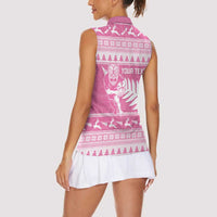 New Zealand Christmas Rugby Personalised Women Sleeveless Polo Shirt Meri Kirihimete All Black Maori Pink Version - Polynesian Pride