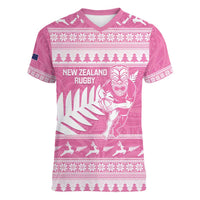 New Zealand Christmas Rugby Personalised Women V-Neck T-Shirt Meri Kirihimete All Black Maori Pink Version - Polynesian Pride