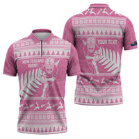 New Zealand Christmas Rugby Personalised Zipper Polo Shirt Meri Kirihimete All Black Maori Pink Version - Polynesian Pride