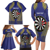 Personalised Niue Darts Family Matching Long Sleeve Bodycon Dress and Hawaiian Shirt Dart Board Hiapo Pattern - Polynesian Pride