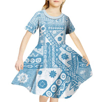 Blue Bula Fiji Kid Short Sleeve Dress Unique Masi Tapa Pattern