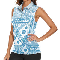 Blue Bula Fiji Women Sleeveless Polo Shirt Unique Masi Tapa Pattern