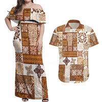 Hawaiian Quilt Couples Matching Off Shoulder Maxi Dress and Hawaiian Shirt Tiki Tropical Retro Brown Version LT14 Brown - Polynesian Pride