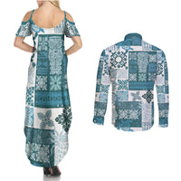 Hawaiian Quilt Couples Matching Summer Maxi Dress and Long Sleeve Button Shirt Tiki Tropical Retro Dark Cyan Version LT14 - Polynesian Pride