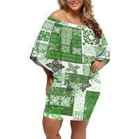 Hawaiian Quilt Off Shoulder Short Dress Tiki Tropical Retro Green Version LT14 Women Green - Polynesian Pride