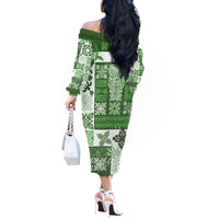 Hawaiian Quilt Off The Shoulder Long Sleeve Dress Tiki Tropical Retro Green Version LT14 - Polynesian Pride