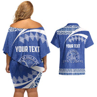 Personalised Tonga Tupou College Toloa Couples Matching Off Shoulder Short Dress and Hawaiian Shirt 160 Years Anniversary Tongan Ngatu Pattern