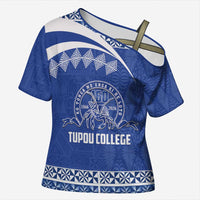Personalised Tonga Tupou College Toloa Cross Shoulder Shirt 160 Years Anniversary Tongan Ngatu Pattern LT14 Female Blue - Polynesian Pride
