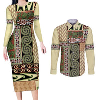 Beige Aotearoa Kowhaiwhai Pattern Couples Matching Long Sleeve Bodycon Dress and Long Sleeve Button Shirt NZ Maori Quilt Style