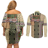 Beige Aotearoa Kowhaiwhai Pattern Couples Matching Off Shoulder Short Dress and Long Sleeve Button Shirt NZ Maori Quilt Style