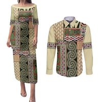 Beige Aotearoa Kowhaiwhai Pattern Couples Matching Puletasi and Long Sleeve Button Shirt NZ Maori Quilt Style