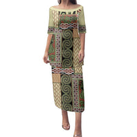 Beige Aotearoa Kowhaiwhai Pattern Family Matching Puletasi and Hawaiian Shirt NZ Maori Quilt Style