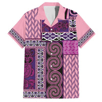 Pink Aotearoa Kowhaiwhai Pattern Family Matching Off The Shoulder Long Sleeve Dress and Hawaiian Shirt NZ Maori Quilt Style