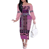 Pink Aotearoa Kowhaiwhai Pattern Family Matching Off The Shoulder Long Sleeve Dress and Hawaiian Shirt NZ Maori Quilt Style