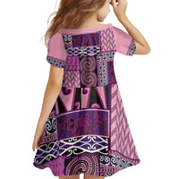 Pink Aotearoa Kowhaiwhai Pattern Family Matching Off Shoulder Short Dress and Hawaiian Shirt NZ Maori Quilt Style