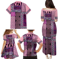 Pink Aotearoa Kowhaiwhai Pattern Family Matching Puletasi and Hawaiian Shirt NZ Maori Quilt Style