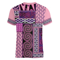 Pink Aotearoa Kowhaiwhai Pattern Women V-Neck T-Shirt NZ Maori Quilt Style