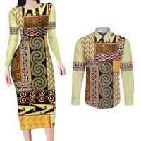 Yellow Aotearoa Kowhaiwhai Pattern Couples Matching Long Sleeve Bodycon Dress and Long Sleeve Button Shirt NZ Maori Quilt Style