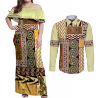Yellow Aotearoa Kowhaiwhai Pattern Couples Matching Off Shoulder Maxi Dress and Long Sleeve Button Shirt NZ Maori Quilt Style