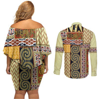 Yellow Aotearoa Kowhaiwhai Pattern Couples Matching Off Shoulder Short Dress and Long Sleeve Button Shirt NZ Maori Quilt Style