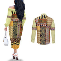Yellow Aotearoa Kowhaiwhai Pattern Couples Matching Off The Shoulder Long Sleeve Dress and Long Sleeve Button Shirt NZ Maori Quilt Style