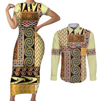 Yellow Aotearoa Kowhaiwhai Pattern Couples Matching Short Sleeve Bodycon Dress and Long Sleeve Button Shirt NZ Maori Quilt Style