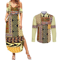 Yellow Aotearoa Kowhaiwhai Pattern Couples Matching Summer Maxi Dress and Long Sleeve Button Shirt NZ Maori Quilt Style