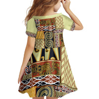 Yellow Aotearoa Kowhaiwhai Pattern Family Matching Off The Shoulder Long Sleeve Dress and Hawaiian Shirt NZ Maori Quilt Style