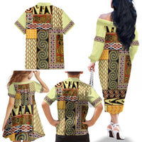 Yellow Aotearoa Kowhaiwhai Pattern Family Matching Off The Shoulder Long Sleeve Dress and Hawaiian Shirt NZ Maori Quilt Style