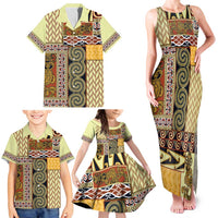 Yellow Aotearoa Kowhaiwhai Pattern Family Matching Tank Maxi Dress and Hawaiian Shirt NZ Maori Quilt Style