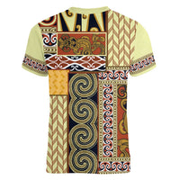 Yellow Aotearoa Kowhaiwhai Pattern Women V-Neck T-Shirt NZ Maori Quilt Style