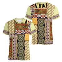 Yellow Aotearoa Kowhaiwhai Pattern Women V-Neck T-Shirt NZ Maori Quilt Style