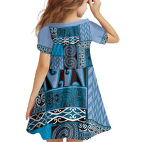 Blue Aotearoa Kowhaiwhai Pattern Family Matching Long Sleeve Bodycon Dress and Hawaiian Shirt NZ Maori Quilt Style