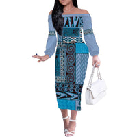 Blue Aotearoa Kowhaiwhai Pattern Family Matching Off The Shoulder Long Sleeve Dress and Hawaiian Shirt NZ Maori Quilt Style