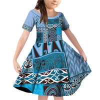 Blue Aotearoa Kowhaiwhai Pattern Family Matching Off Shoulder Short Dress and Hawaiian Shirt NZ Maori Quilt Style