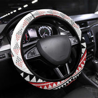 Aotearoa Taniko Steering Wheel Cover Niho Taniwha Purapura Whetu Mix Poutama LT14 Universal Fit White - Polynesian Pride