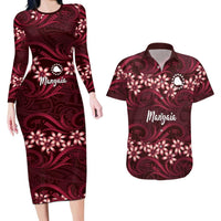 Personalised Cook Islands Mangaia Couples Matching Long Sleeve Bodycon Dress and Hawaiian Shirt Tiare Maori Polynesian Waves Tattoo