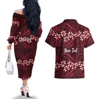 Personalised Cook Islands Mangaia Couples Matching Off The Shoulder Long Sleeve Dress and Hawaiian Shirt Tiare Maori Polynesian Waves Tattoo