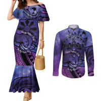 Philippines Father's Day Couples Matching Mermaid Dress and Long Sleeve Button Shirt Polynesian Tattoo Galaxy Vibes LT14 Blue - Polynesian Pride