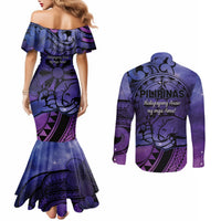 Philippines Father's Day Couples Matching Mermaid Dress and Long Sleeve Button Shirt Polynesian Tattoo Galaxy Vibes LT14 - Polynesian Pride