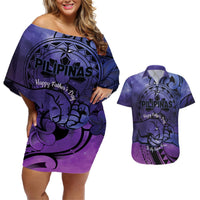 Philippines Father's Day Couples Matching Off Shoulder Short Dress and Hawaiian Shirt Polynesian Tattoo Galaxy Vibes LT14 Blue - Polynesian Pride