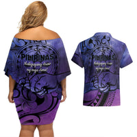 Philippines Father's Day Couples Matching Off Shoulder Short Dress and Hawaiian Shirt Polynesian Tattoo Galaxy Vibes LT14 - Polynesian Pride