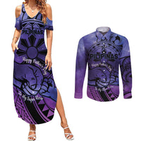 Philippines Father's Day Couples Matching Summer Maxi Dress and Long Sleeve Button Shirt Polynesian Tattoo Galaxy Vibes LT14 Blue - Polynesian Pride