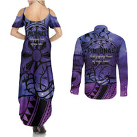 Philippines Father's Day Couples Matching Summer Maxi Dress and Long Sleeve Button Shirt Polynesian Tattoo Galaxy Vibes LT14 - Polynesian Pride