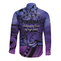 Philippines Father's Day Long Sleeve Button Shirt Polynesian Tattoo Galaxy Vibes