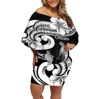 Guam Father's Day Off Shoulder Short Dress Chamorro Latte Stone Polynesian Pattern LT14 Women Black - Polynesian Pride