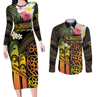 Personalised Vanuatu Independence Day Couples Matching Long Sleeve Bodycon Dress and Long Sleeve Button Shirt Carving Drum Sand Drawing Turtle LT14 Black - Polynesian Pride